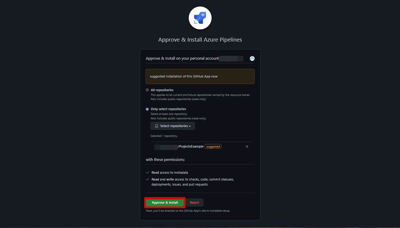 3.2 You will be prompted to approve and install Azure Pipelines.
