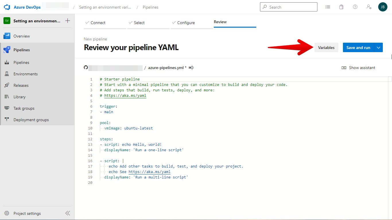 3.5 Reveiw your Pipeline YAML and click Variables.