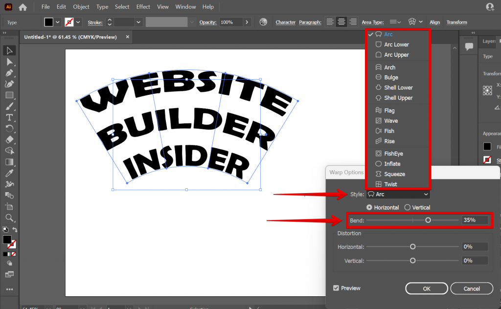 How Do You Distort Text In Illustrator WebsiteBuilderInsider Com   Illustrator Envelope Distort Warp Style And Bend Adjustment 1024x632 