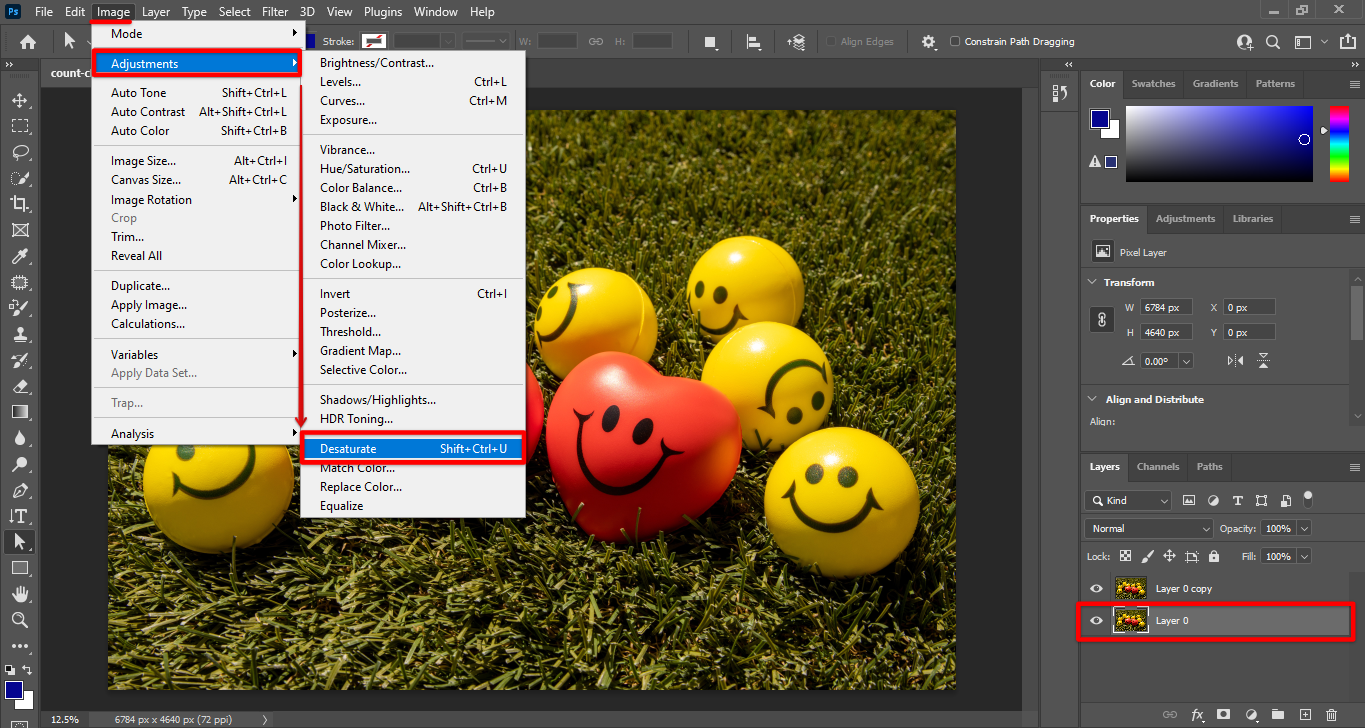 Use Photoshop image adjustments to desaturate image