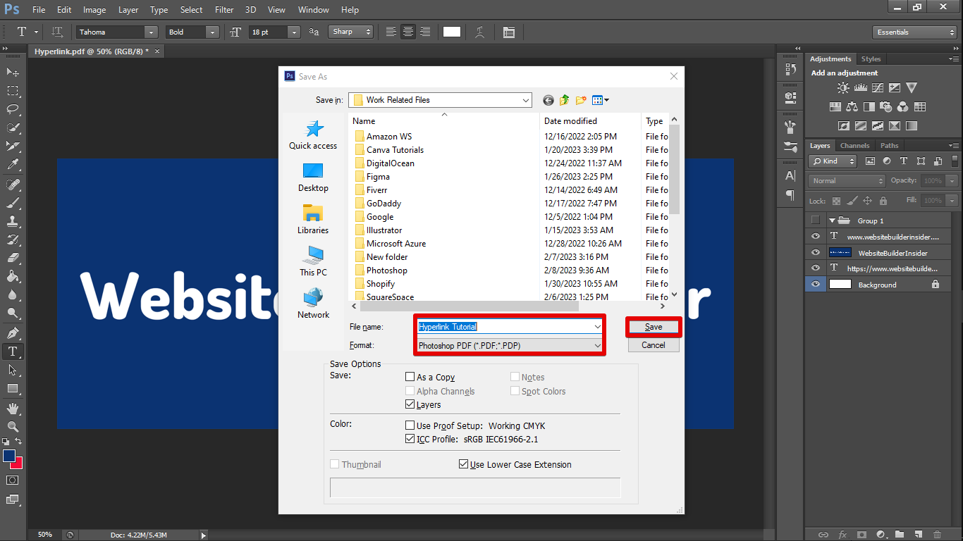 4. Enter your file name and then choose Photoshop PDF, click Save.