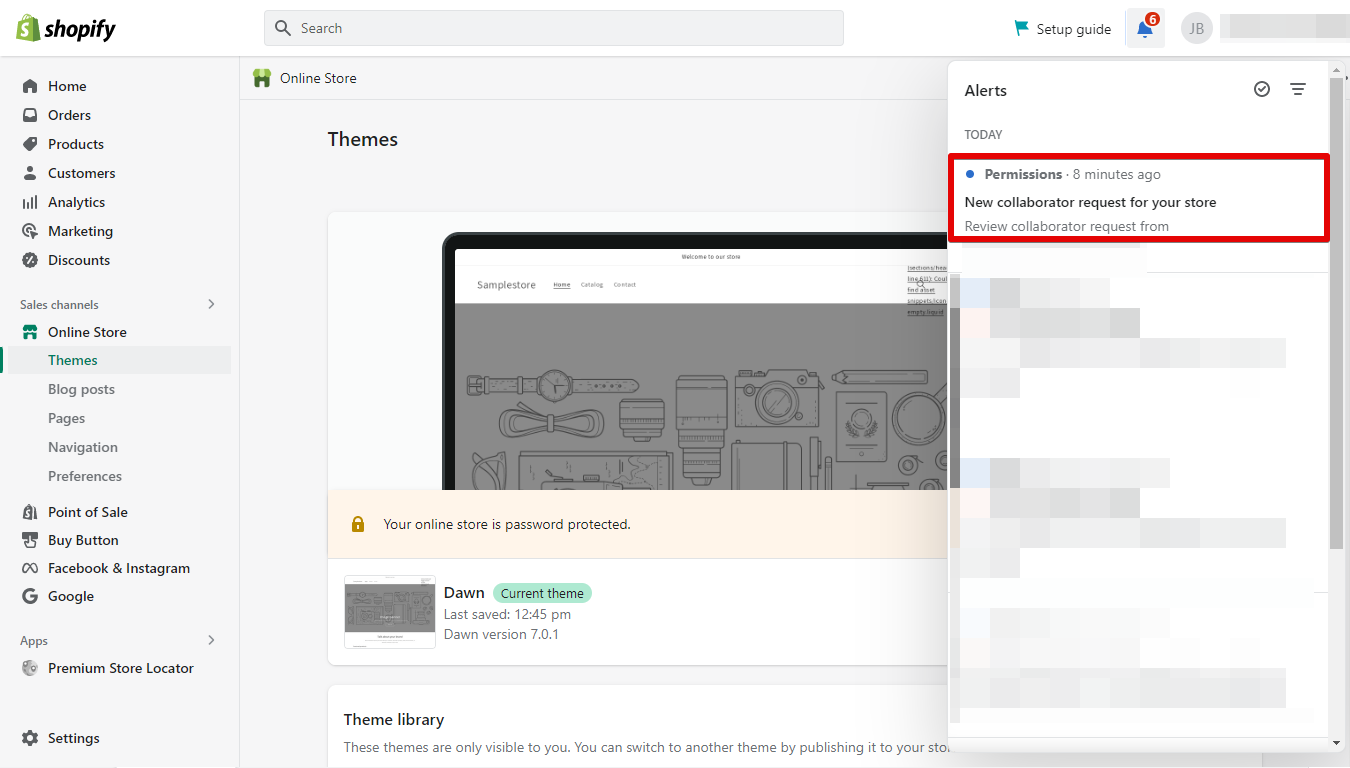 6. Check your Shopify Admin Dashboard to accept the collaborator request.