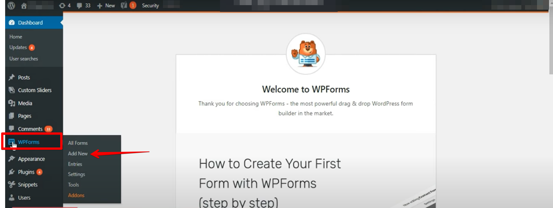 Select Add New under WPForms WordPress