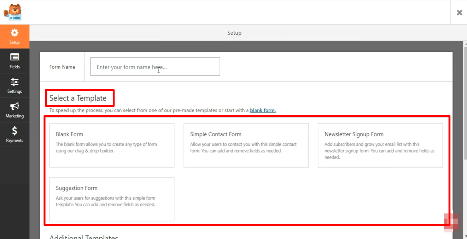 Select type of form for WPFroms WordPress