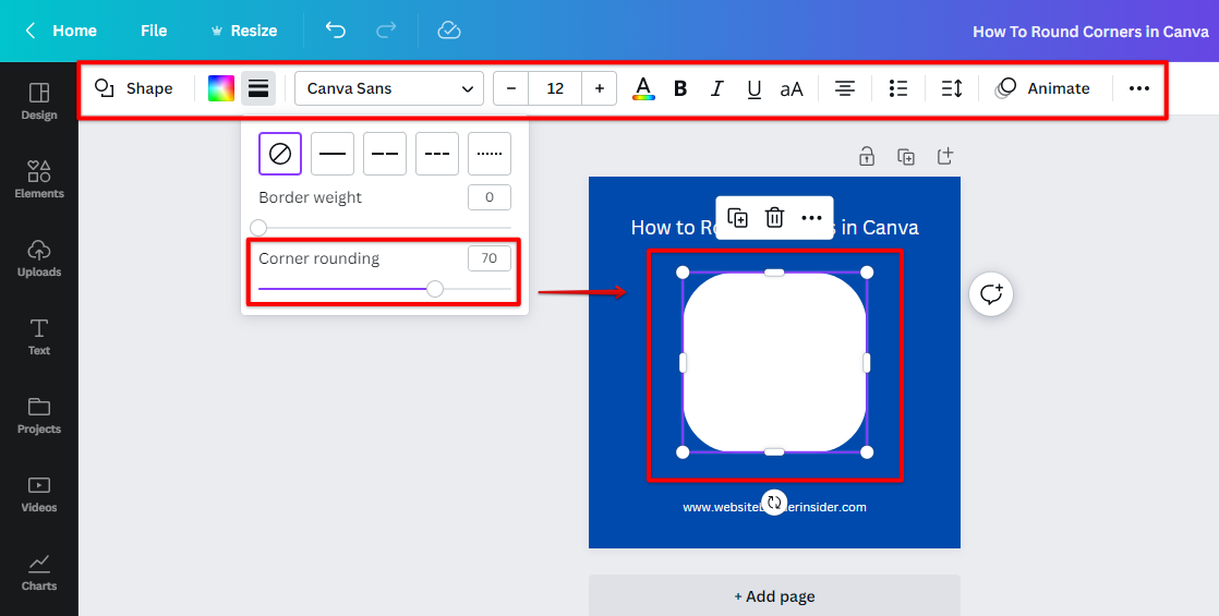 Adjust the Canva corner rounding slider to see the effect of rounding corners