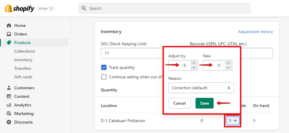 Adjust your Shopify product quantity until it is reduced to zero