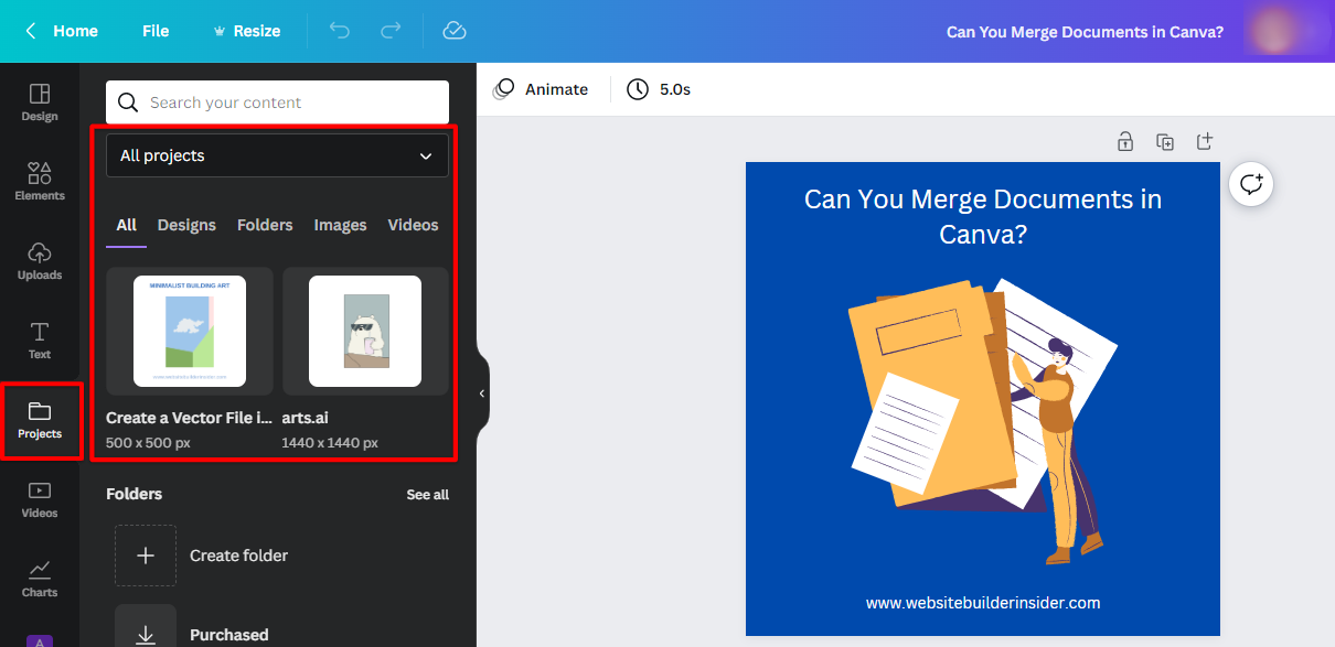 Alternatively, go to Canva projects tab to merge other document to your design