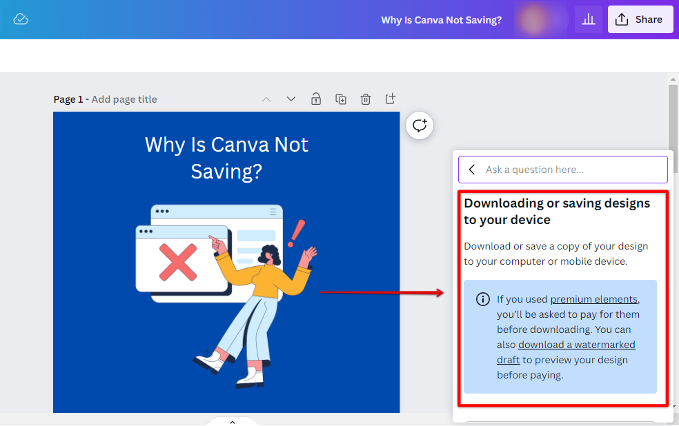 Canva help about how to download or save designs to your device