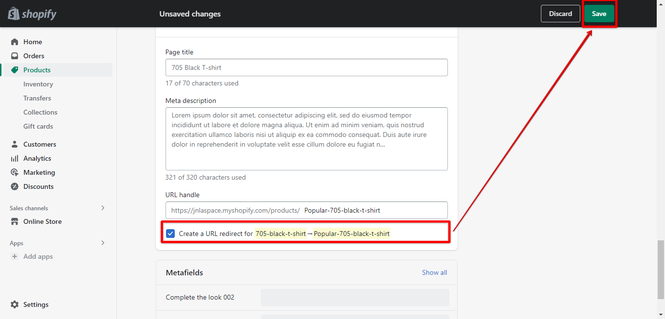 Check Shopify product URL redirect and click save