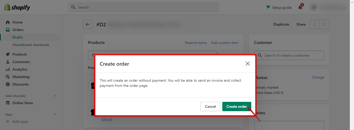 Click Shopify create order without payment prompt