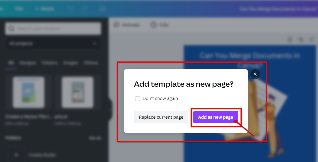 Click the add as a new page button to your Canva current design