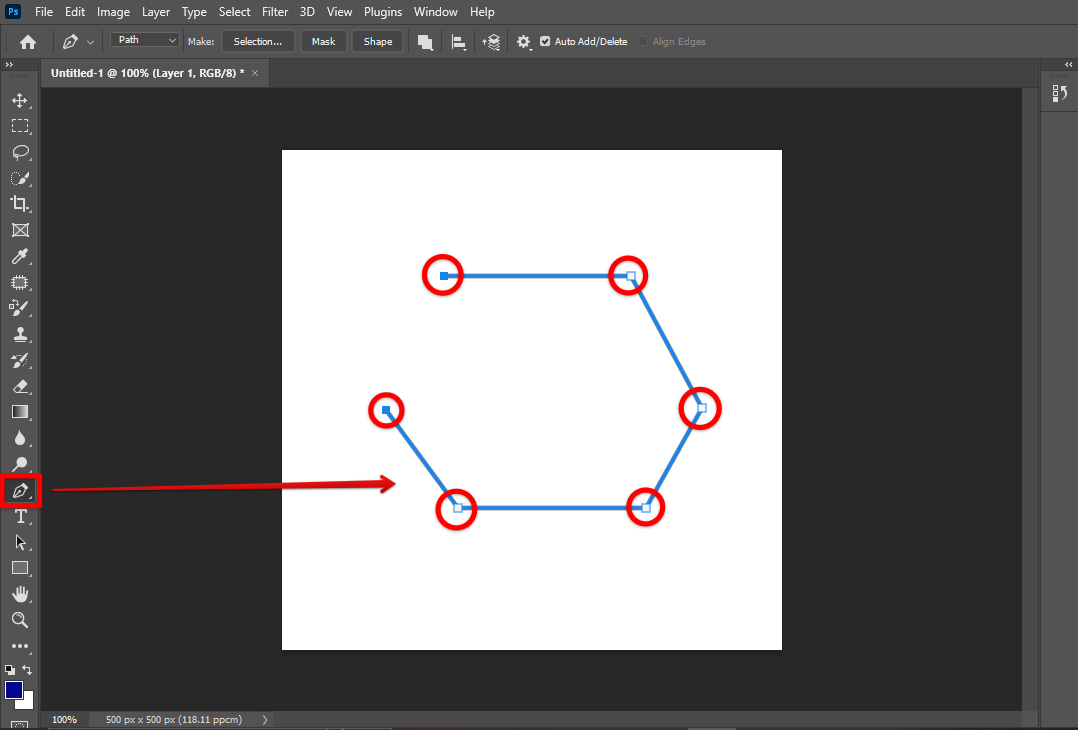 Create hexagon path using Photoshop pen tool
