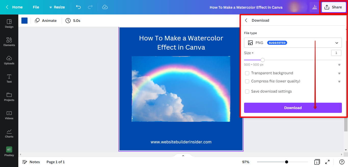 Download your design with watercolor effect in Canva to your computer