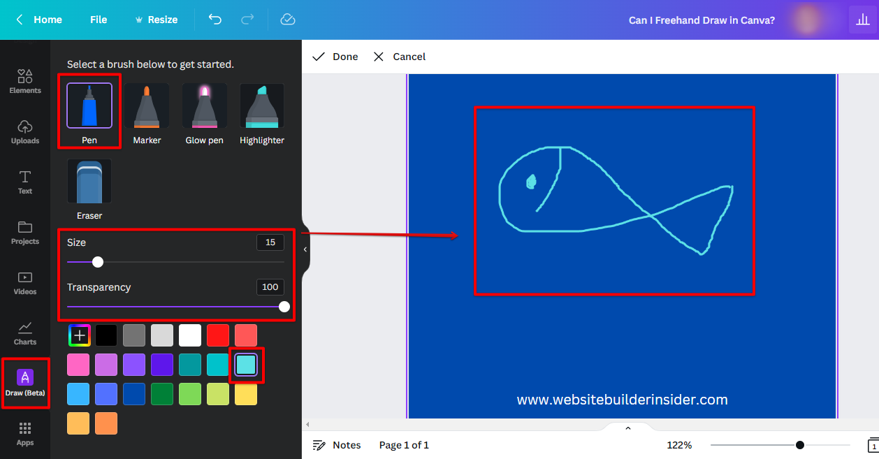 Draw freehand in your Canva document using the freehand brush tool