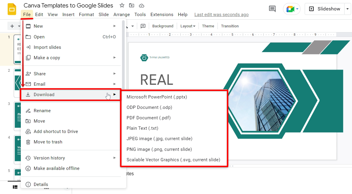 Export the slides by going to Google Slides file menu and click Download and select your preferred format