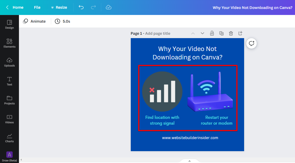 Find strong signal or restart your router or modem to download video in Canva successfully