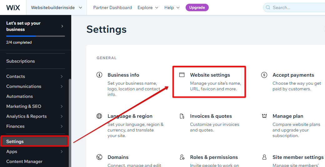 From Wix dashboard settings, click the Website Settings