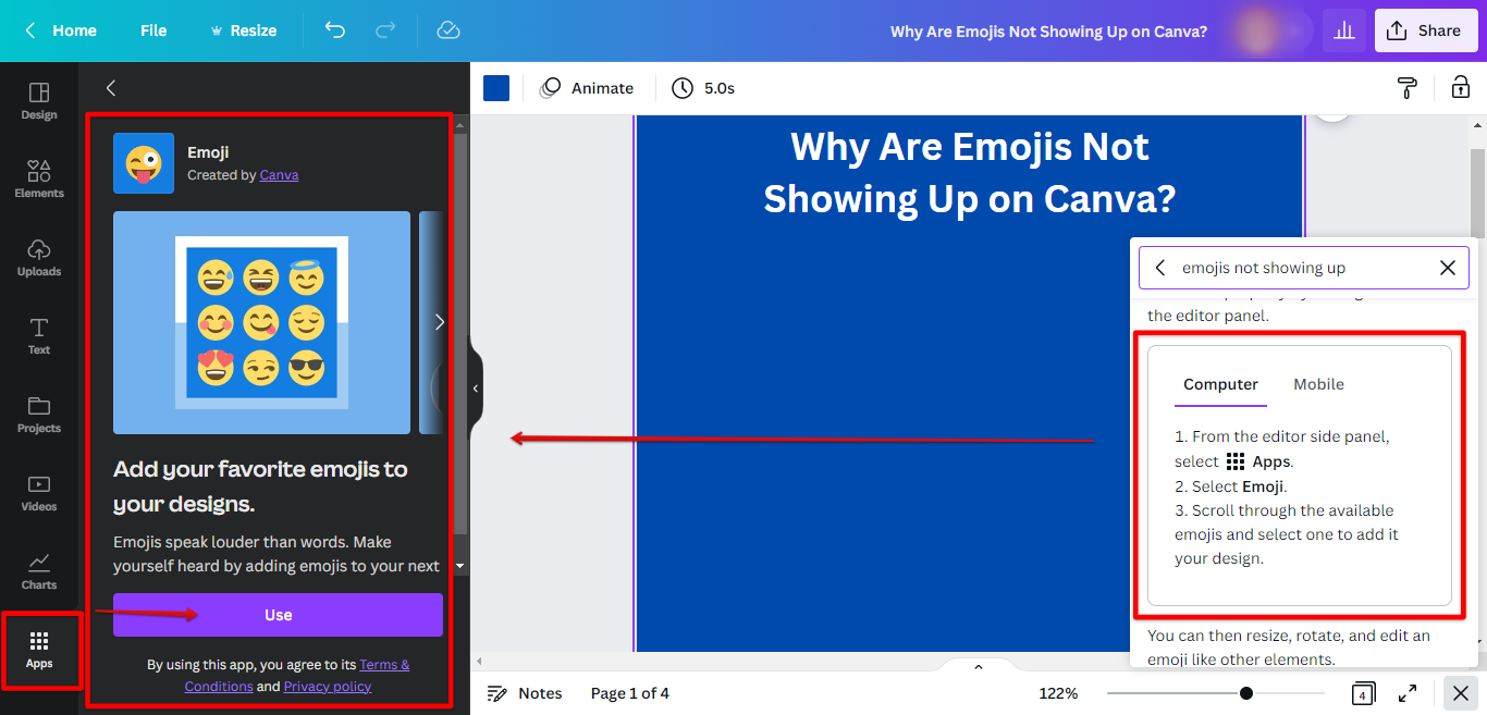 Go to Canva Apps and find the EmojiOne app and click Use