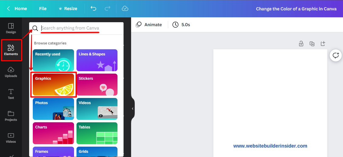 Go to Canva elements and select graphics from the dropdown menu