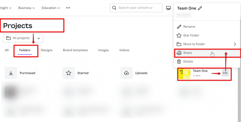 Go to Canva projects folder and select the folder of the team to share