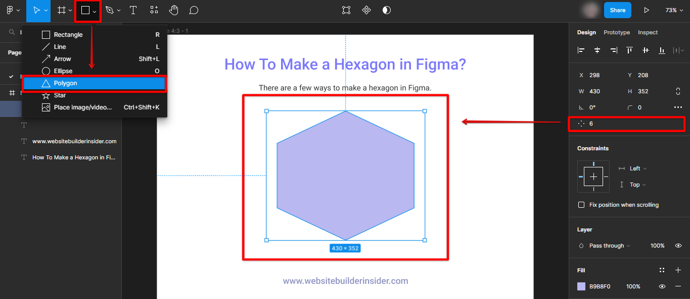 Go to Figma shape tool, select polygon in the menu and enter six in the corner sides field