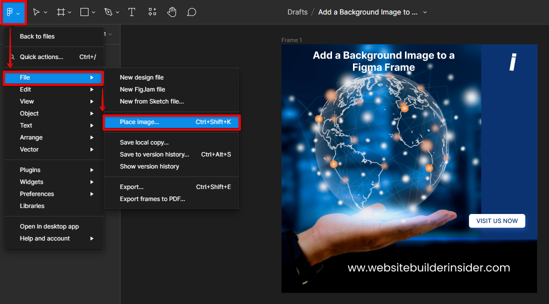 Go to file & place image for background Figma