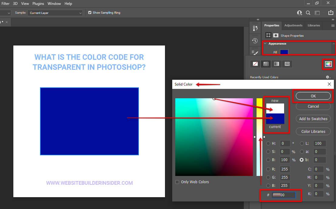Go to Photoshop appearance panel, select fill and input transparent hex code number