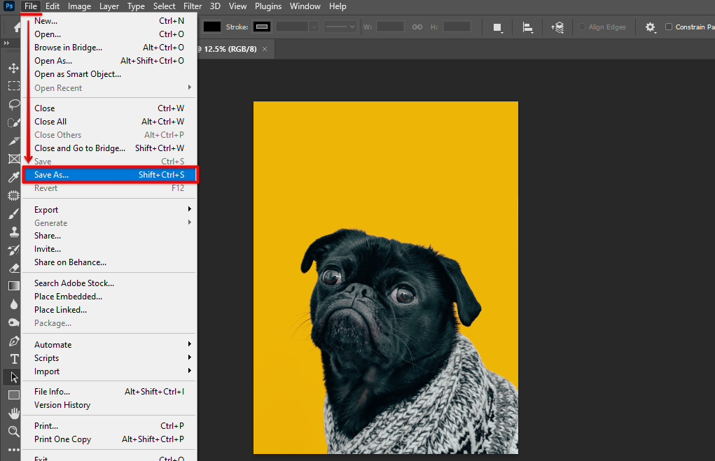 Go to Photoshop file menu and click the Save As option