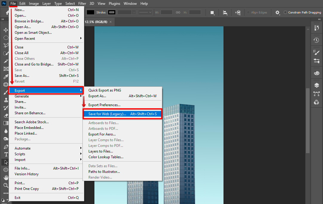 Go to Photoshop file menu, click Save for Web (Legacy) under the Export option