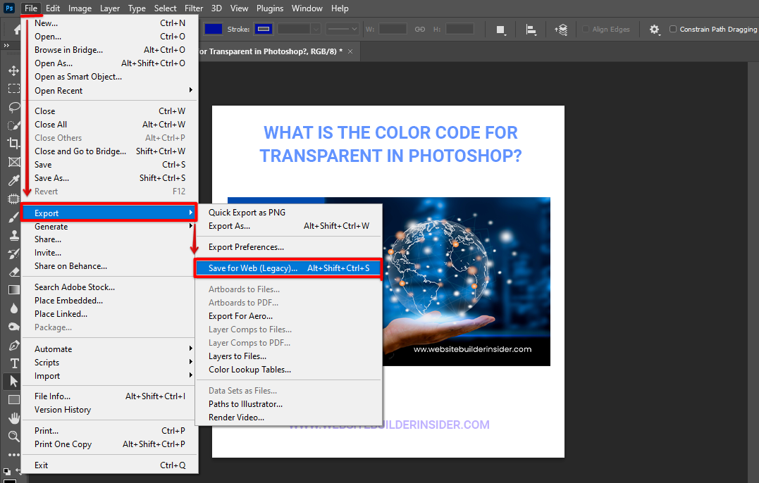 Go to Photoshop file menu, click save web under the export option