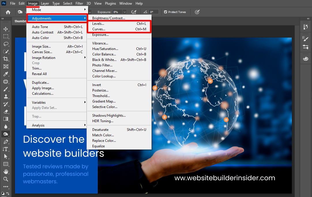 Go to Photoshop image adjustments and select either levels and curves