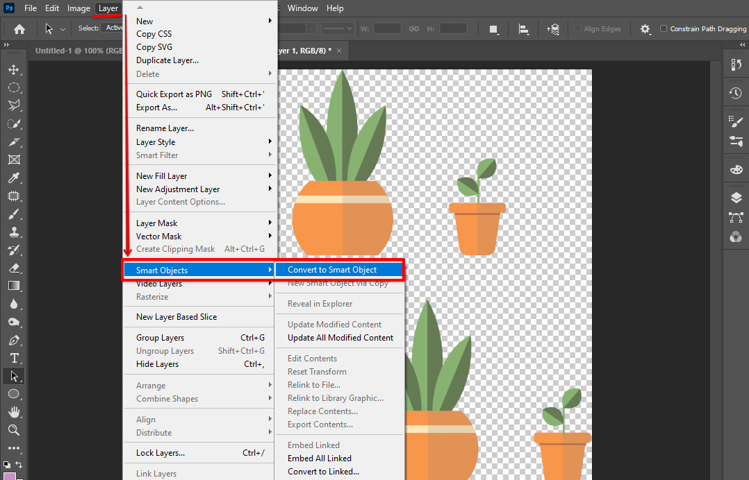 Go to Photoshop layer menu then click Convert under the Smart Objects option