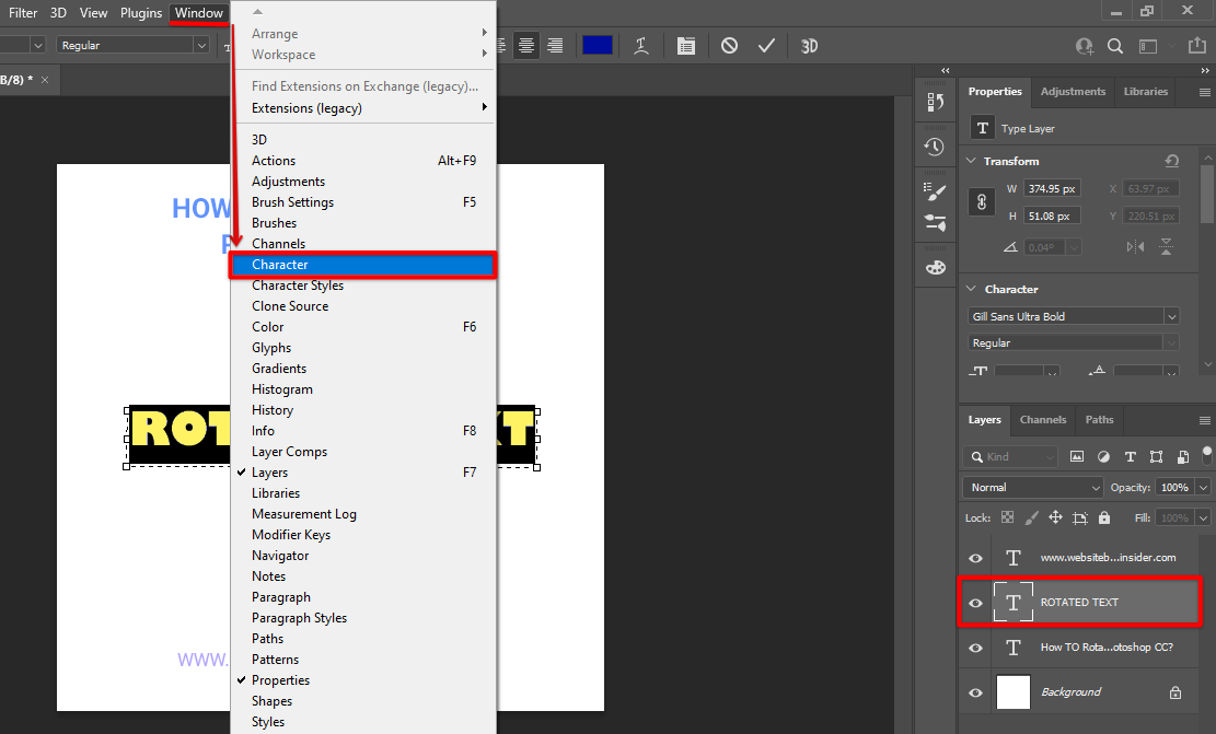Go to Photoshop window and select character from the menu