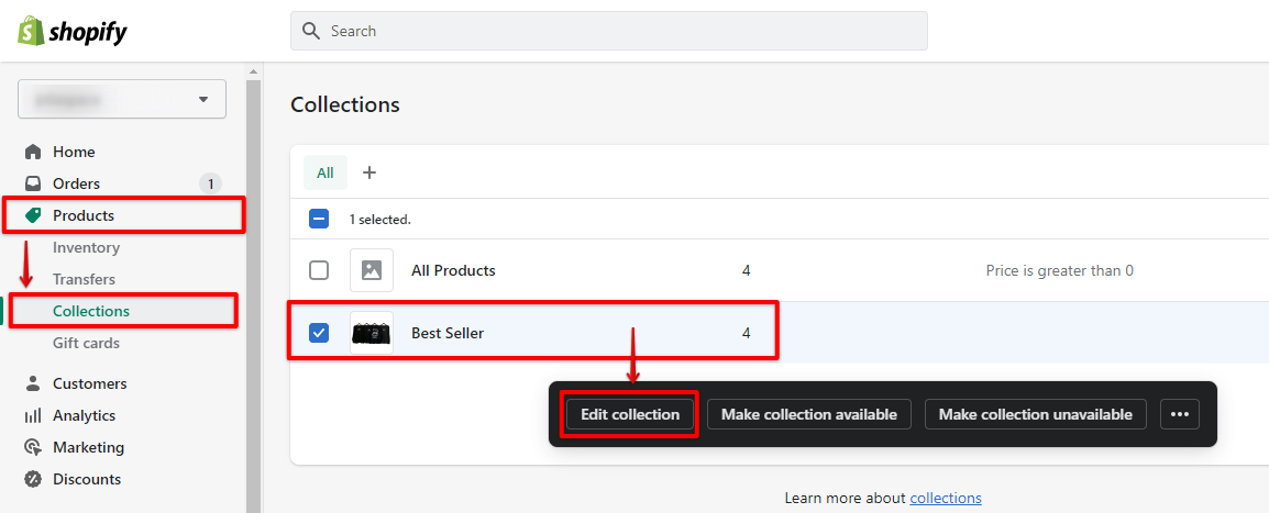 Go to Shopify admin product collections tab and click edit