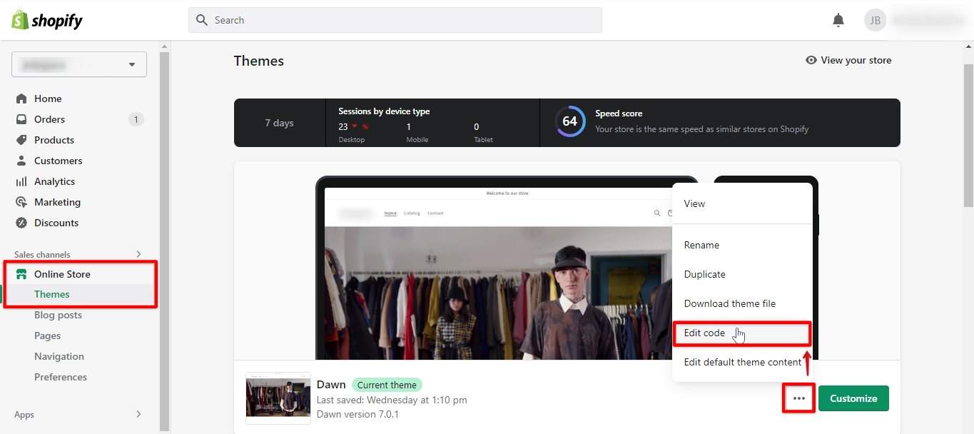 Go to Shopify online store themes and click edit code actions
