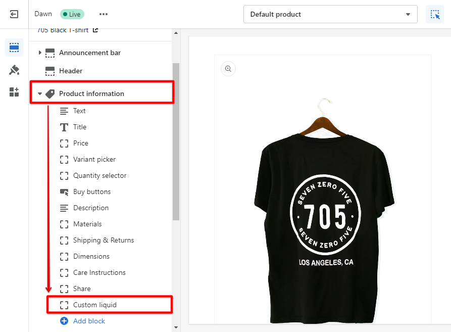 Go to Shopify product page editor and click custom liquid block