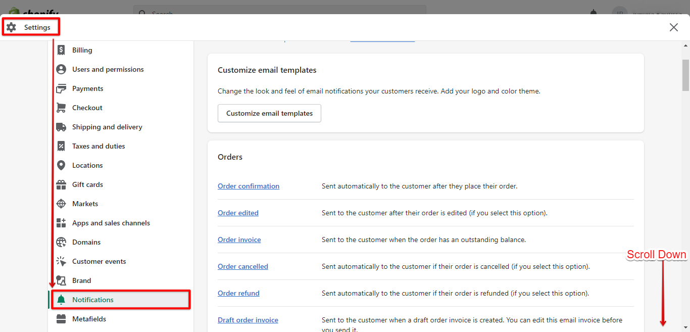 Go to Shopify settings and select notifications