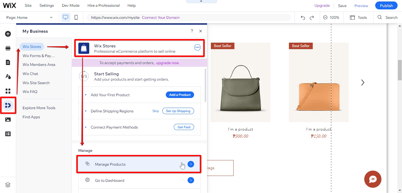 Go to Wix editor my business tab & click manage products