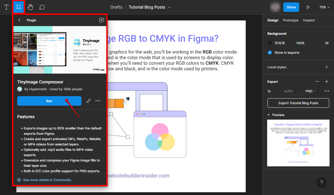 Go to Figma resources tab and search for tinyimage plugin then click run