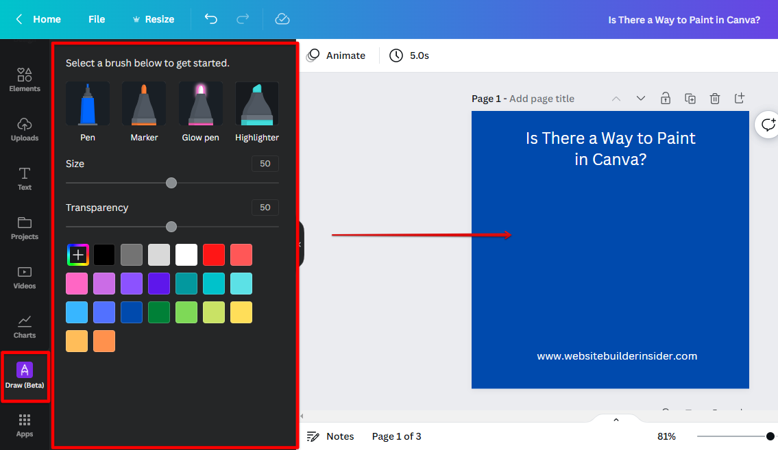 In the Canva left side panel, click the Draw App tab