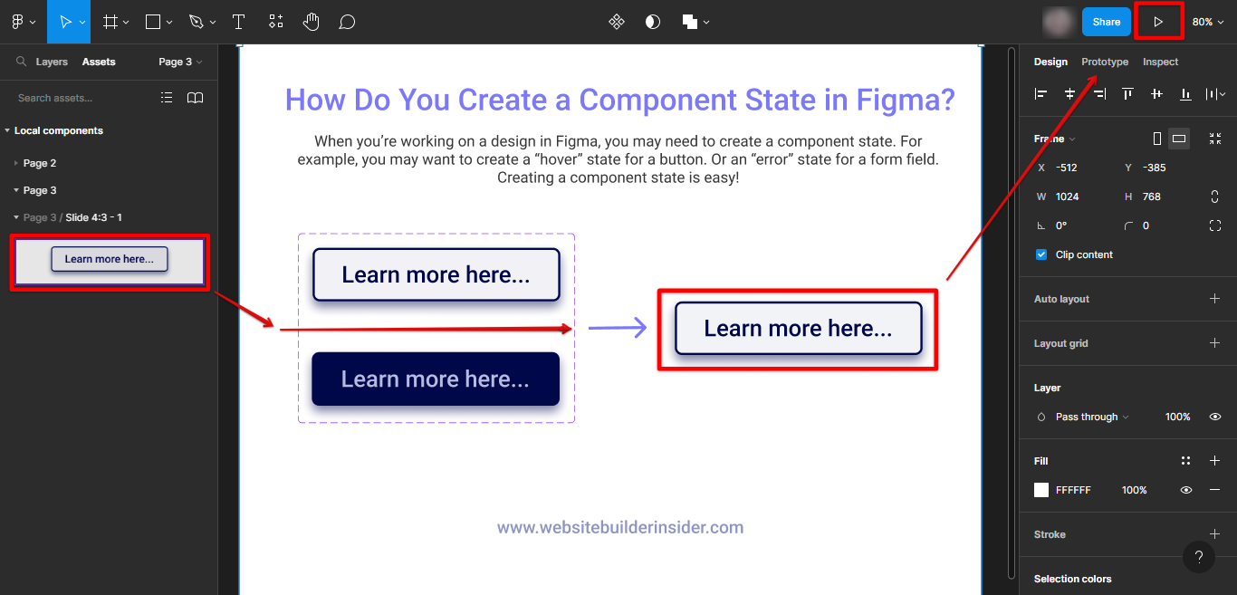 In the Figma assets tab, drag the final component state to your canvas and click play to preview