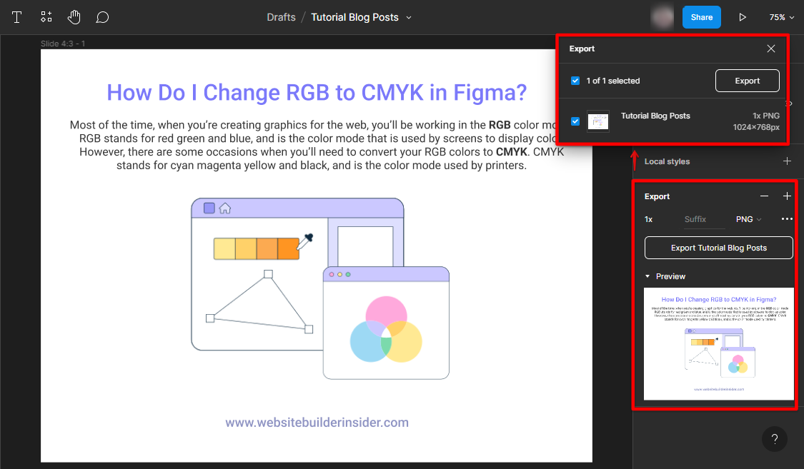 In the Figma export dialog box, search for CMYK format