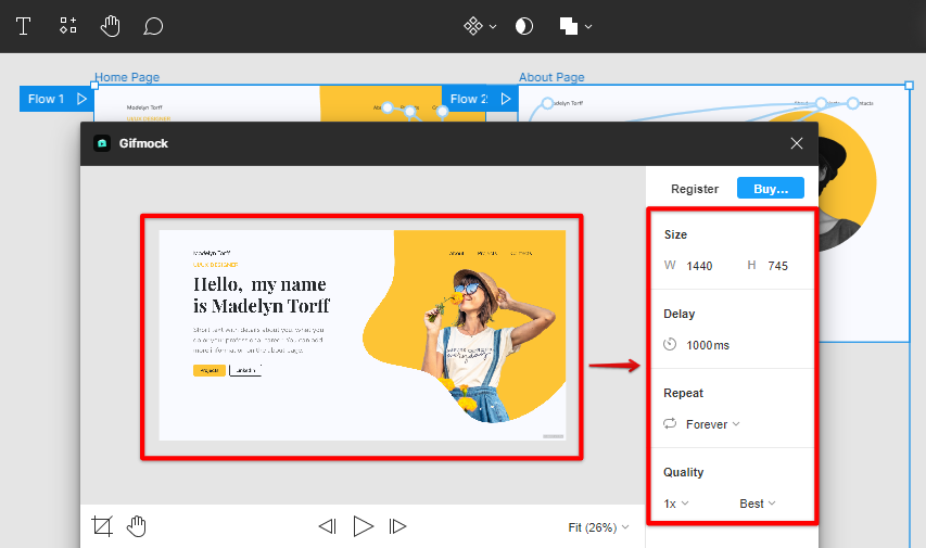 In the Figma Gifmock plug-in, choose the frame rate resolution and looping options for your prototype gif