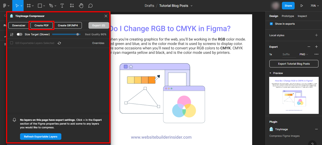 In the Figma Tinyimage plugin, click create pdf option