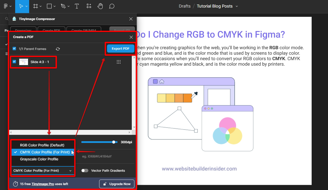 In the Figma Tinyimage plugin create a pdf dialog box, select CMYK format then click export PDF