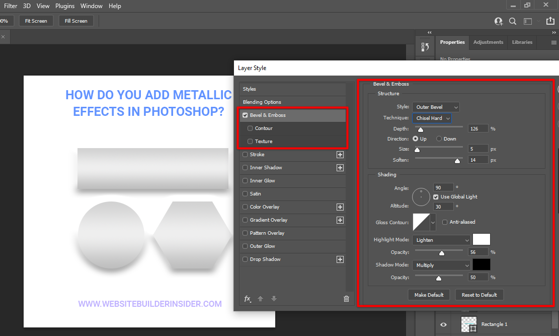 In the Photoshop bevel and emboss dialog box, adjust the settings until you achieve the metallic effect