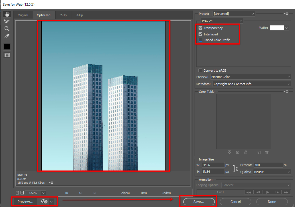 In the Photoshop Save for Web dialog box, check Interlaced and Preview image before saving