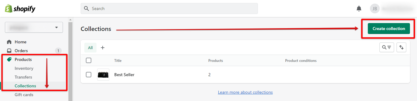 In the Shopify admin, select products tab>collections>create-collections