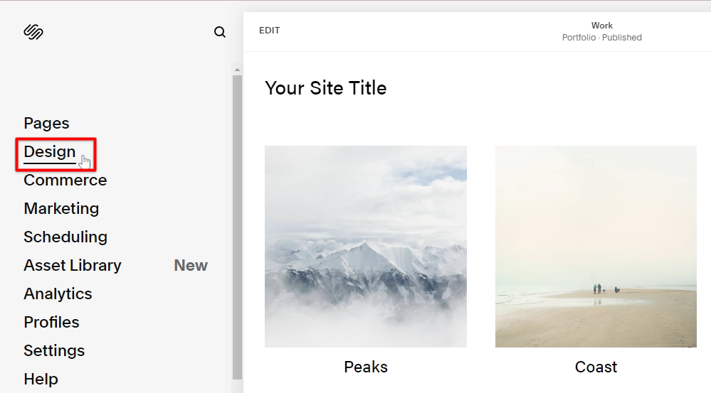 In the Squarespace site editor, click the design menu