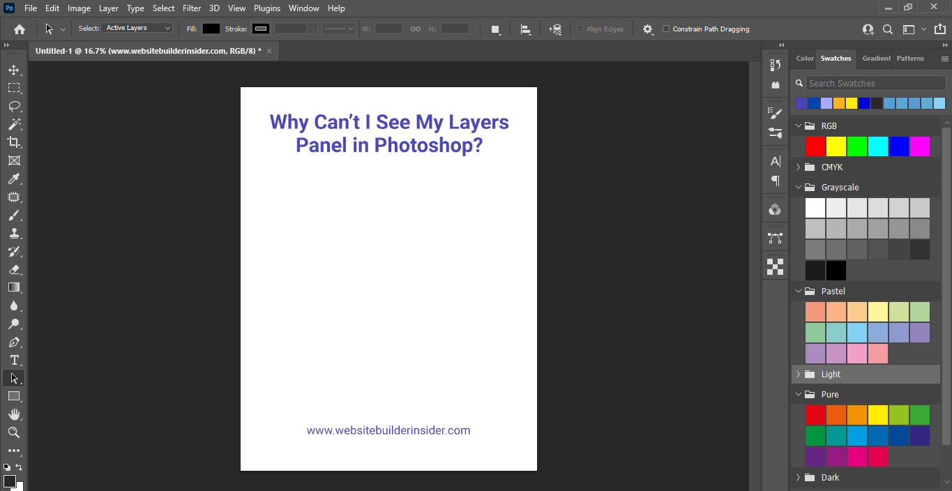 No layers panel opened in Photoshop